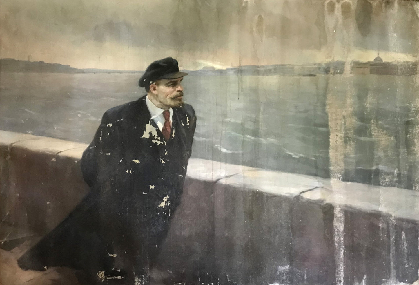 Weathered oil painting of Lenin on embankment by Mykhailo Tsalovich Loshak