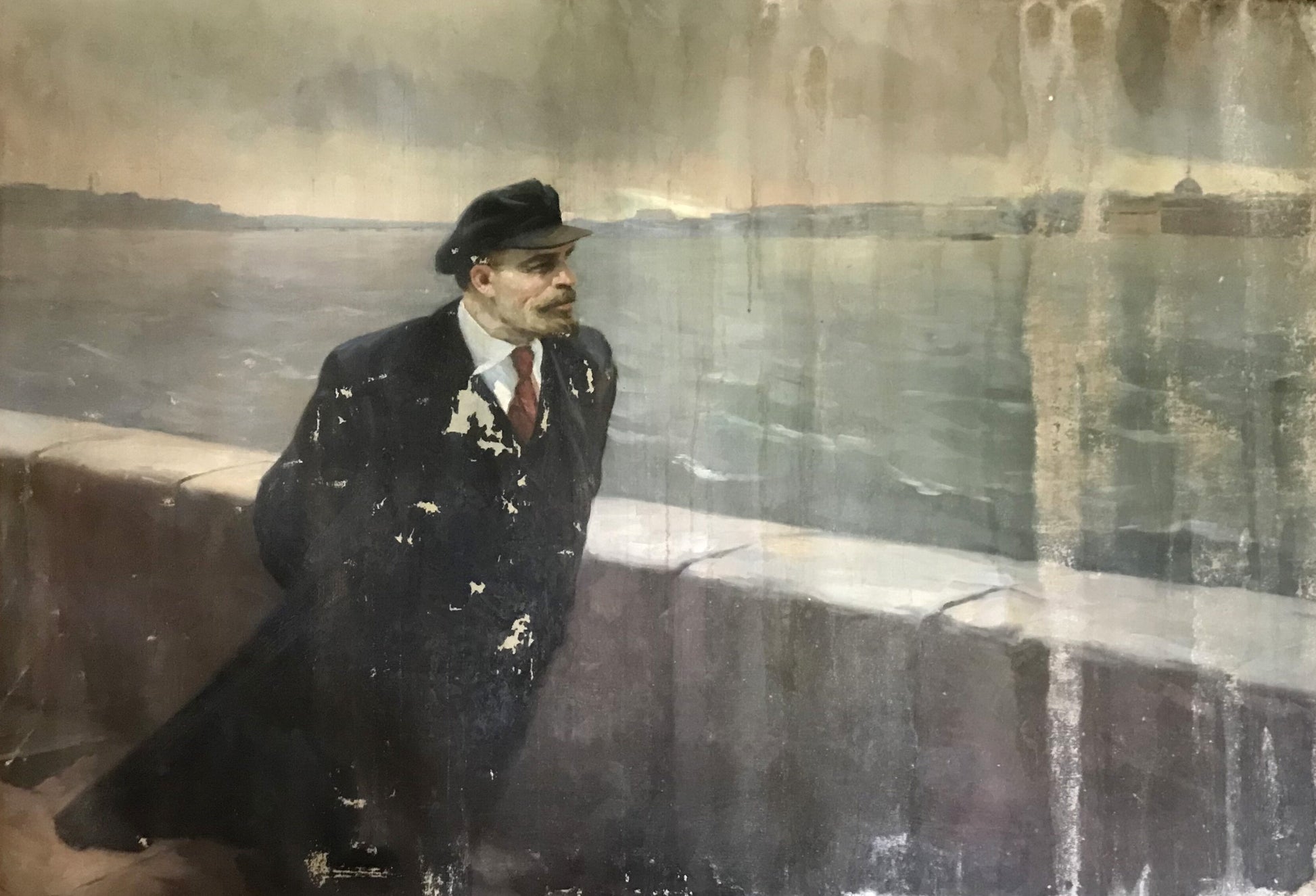 Weathered oil painting of Lenin on embankment by Mykhailo Tsalovich Loshak