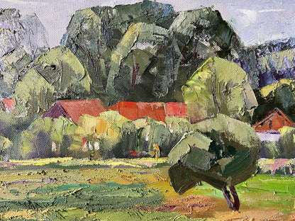 The painting evokes a sense of history and nostalgia