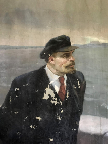 Weathered oil painting of Vladimir Lenin on embankment by Mykhailo Tsalovich Loshak