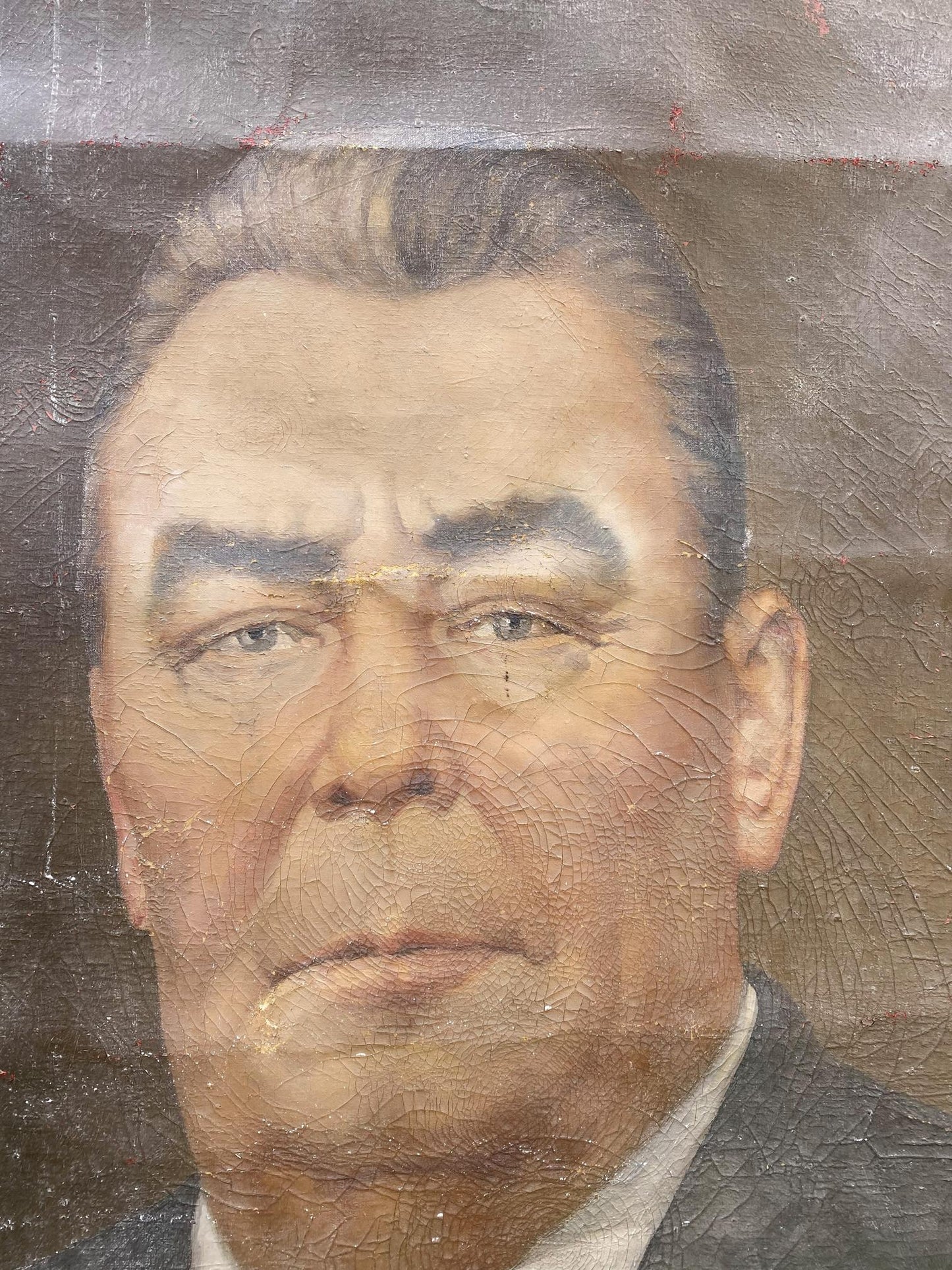 Weathered social realism oil portrait of Brezhnev on canvas
