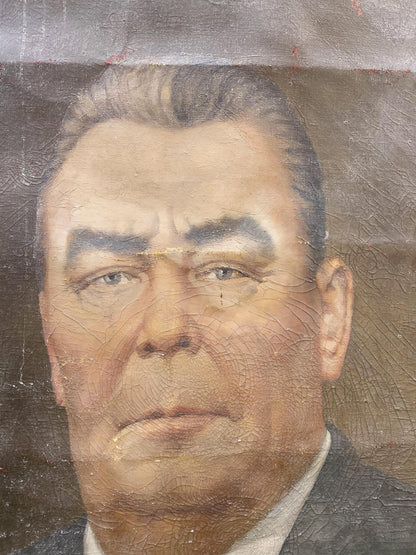 Weathered social realism oil portrait of Brezhnev on canvas