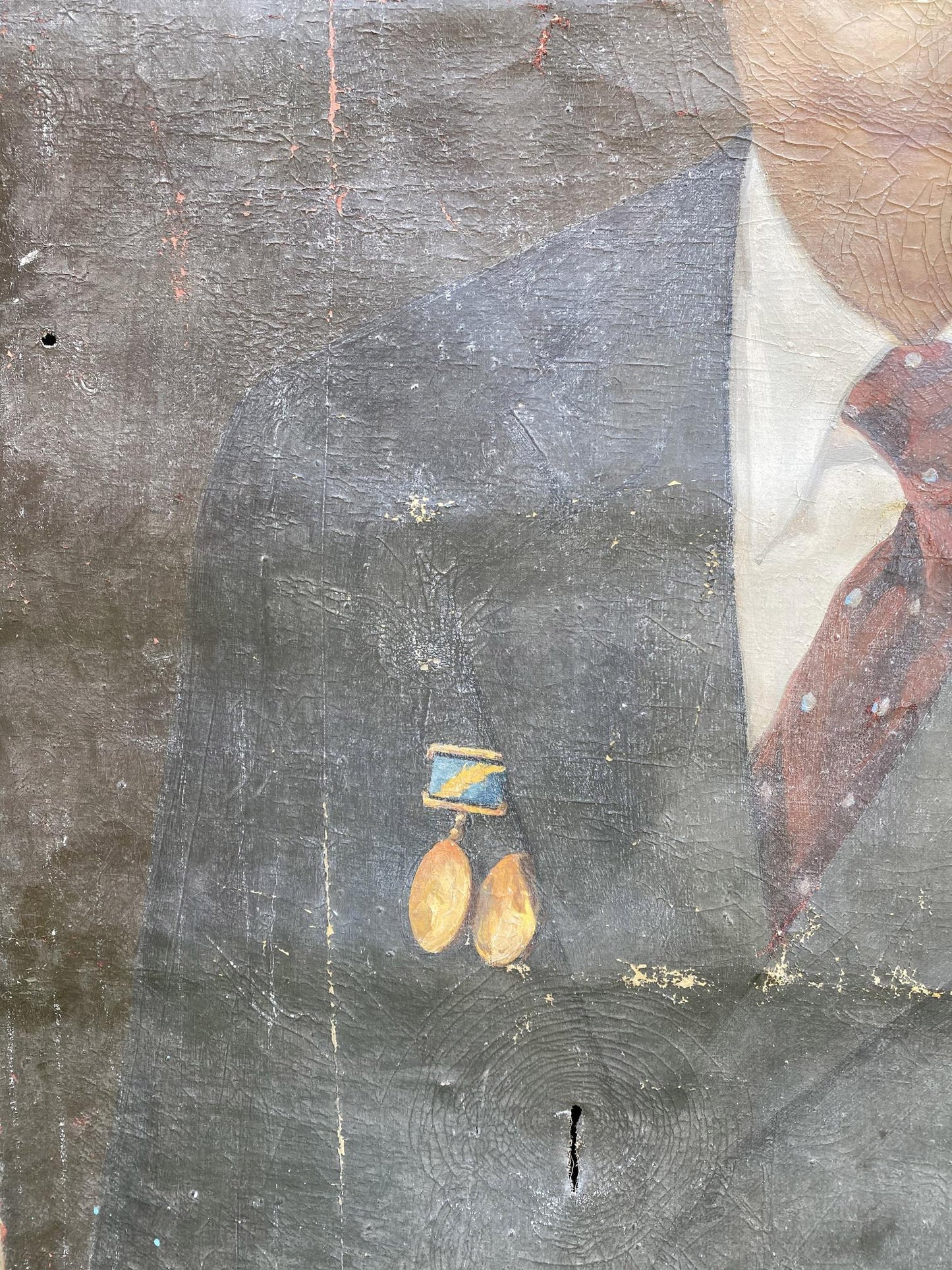 Gold teardrop earrings with blue yellow accent, Brezhnev portrait style