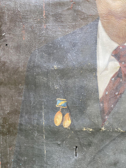 Gold teardrop earrings with blue yellow accent, Brezhnev portrait style