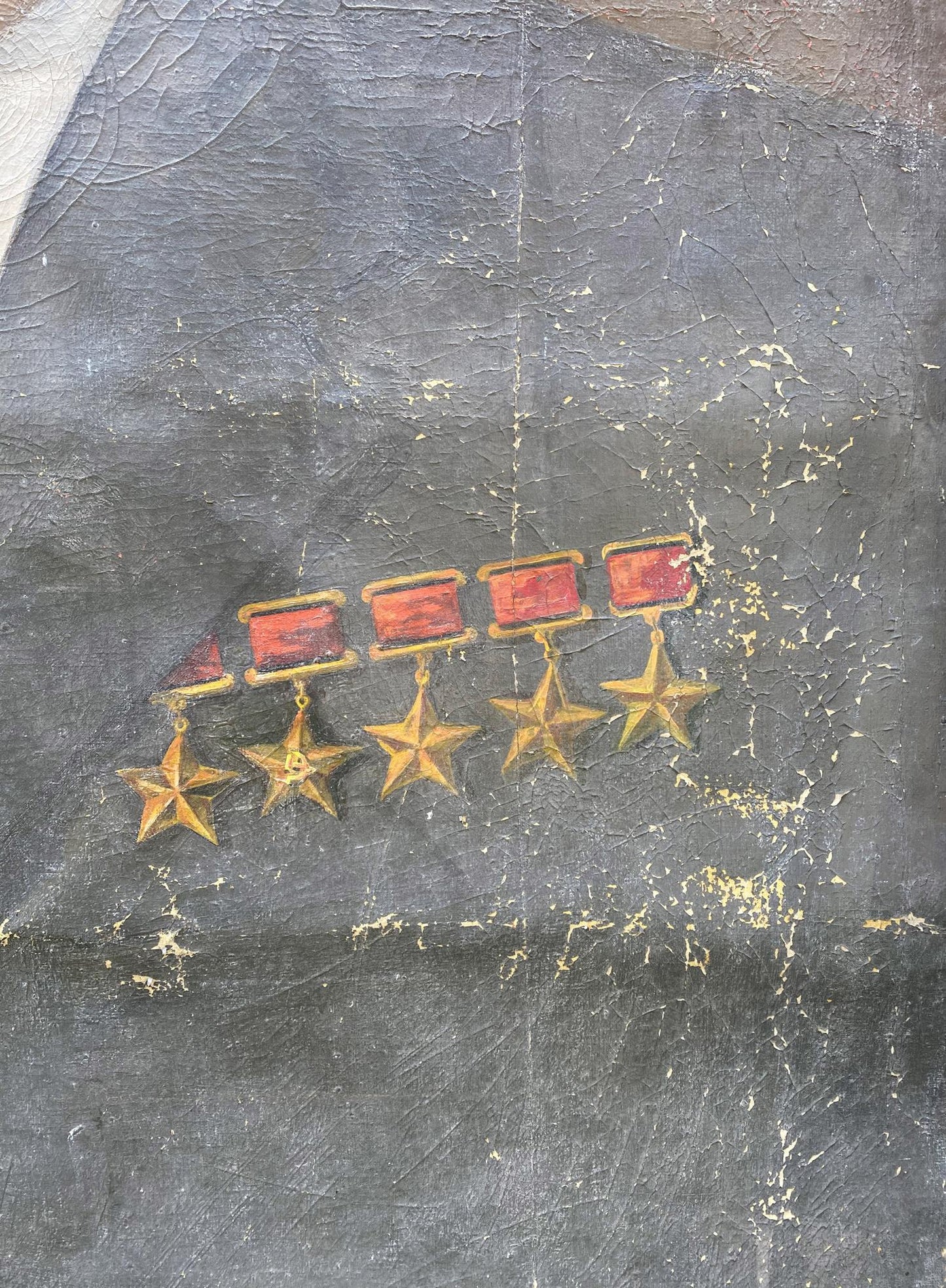 Five golden Brezhnev star medals with red ribbons oil painting portrait