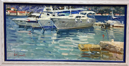 Oil painting of white yachts and reflections by Irina Kalyuzhnaya in gray frame