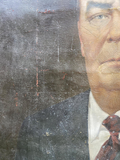 Weathered social realism oil portrait of Brezhnev with cracks