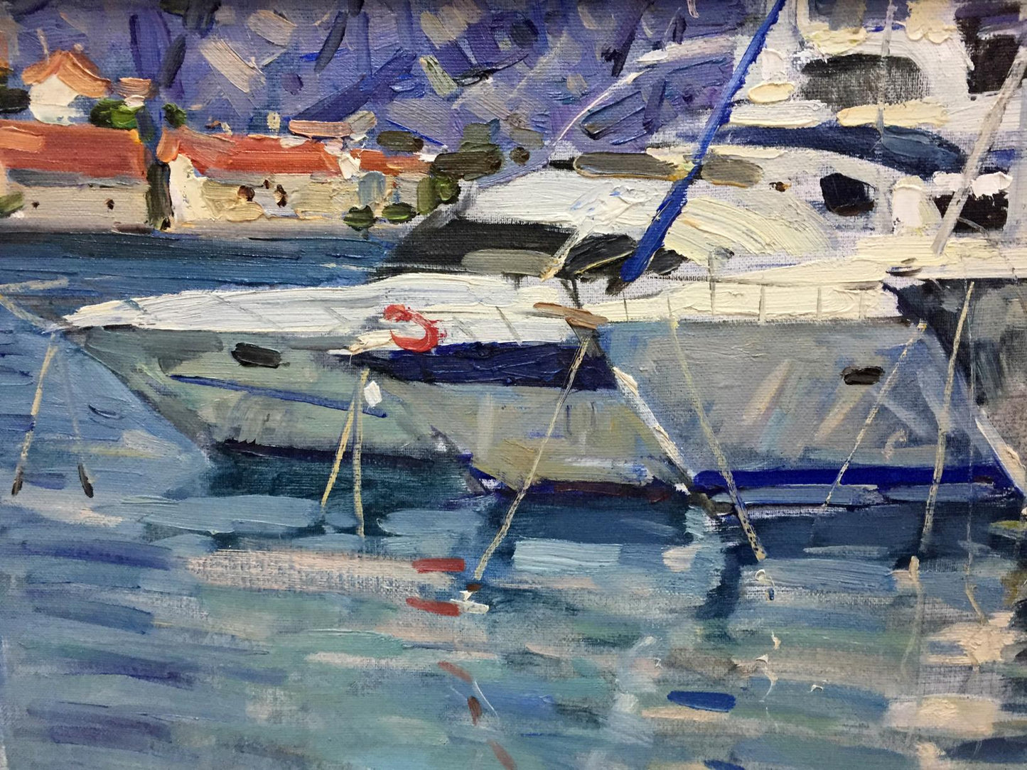 Oil painting of white blue luxury yacht with red life preserver by Irina Kalyuzhnaya