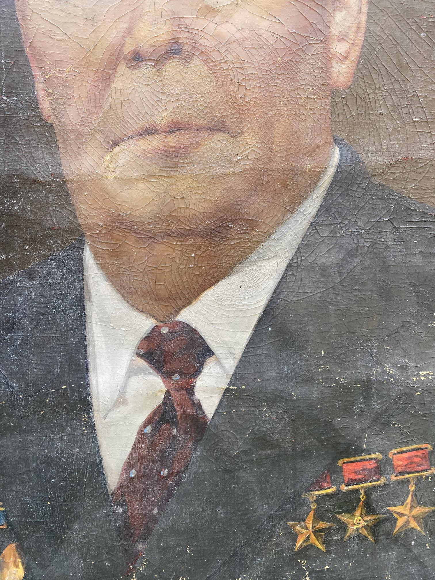 Social realism oil painting portrait of Brezhnev in suit with medals