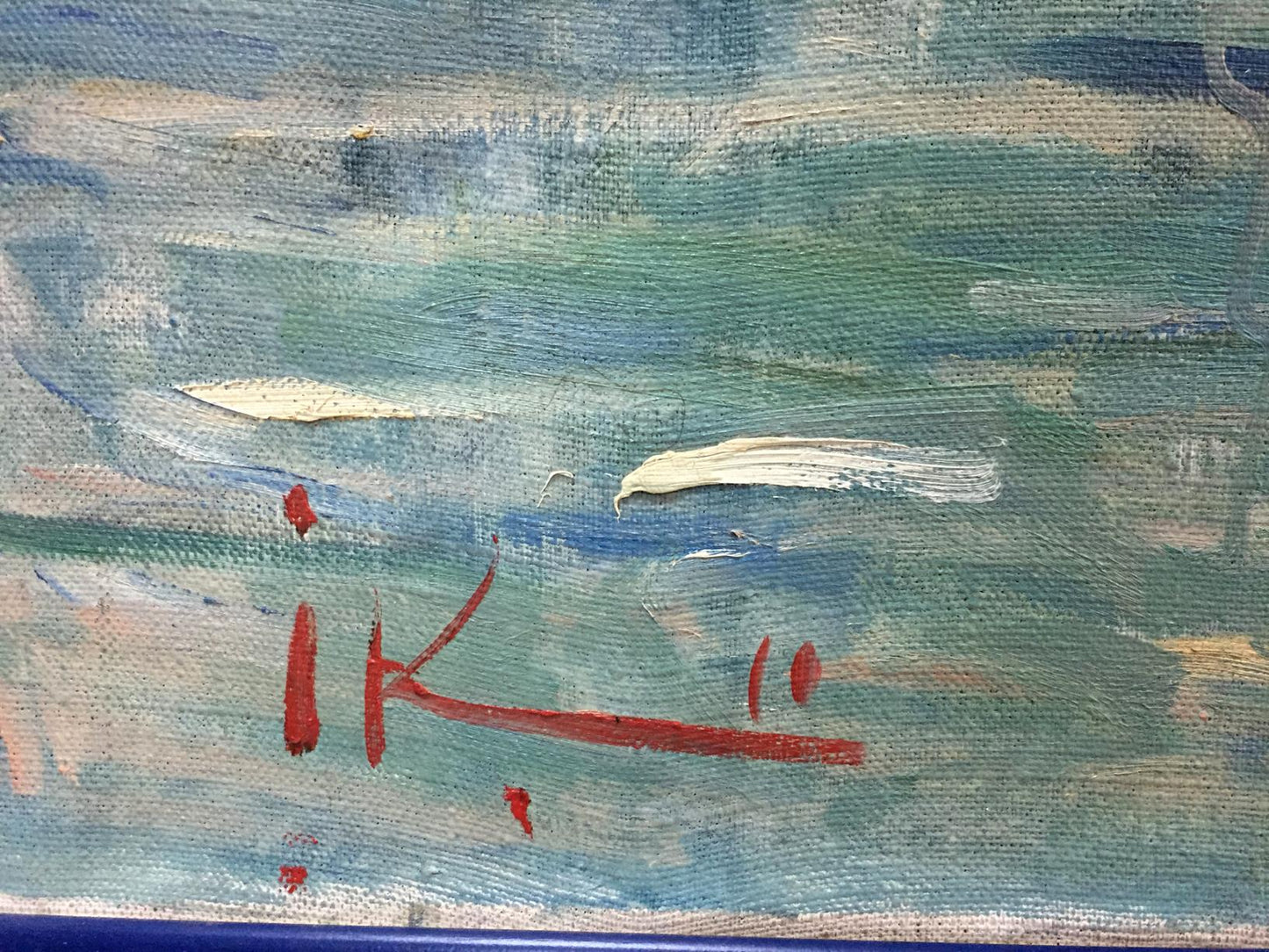 Oil painting of yacht and reflection by Irina Kalyuzhnaya with red signature