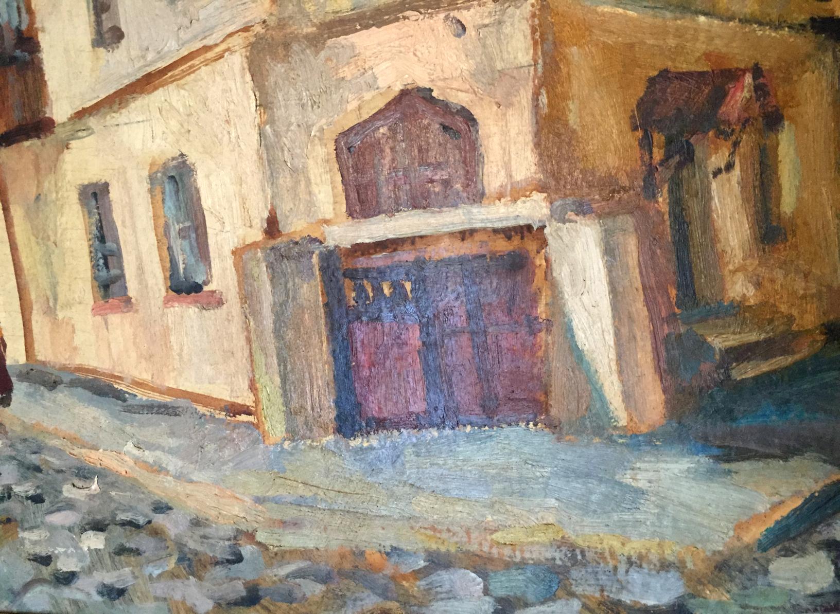 Oil painting of Ushinsky Lane by Strelnikov Vladimir Vladimirovich: weathered purple wooden door in stone archway