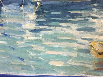 Oil painting of yacht and reflection by Irina Kalyuzhnaya