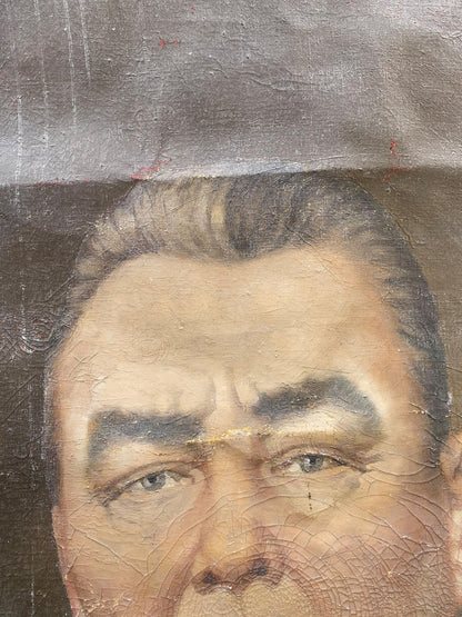 Weathered social realism oil portrait of Brezhnev, dark hair, blue eyes