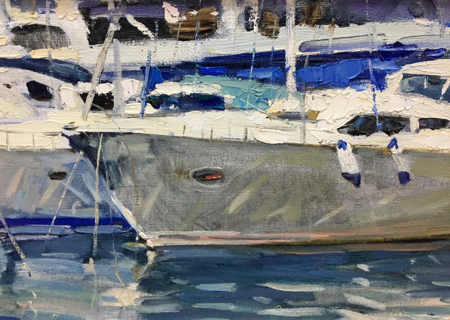 Textured oil painting of gray yacht with white accents by Irina Kalyuzhnaya