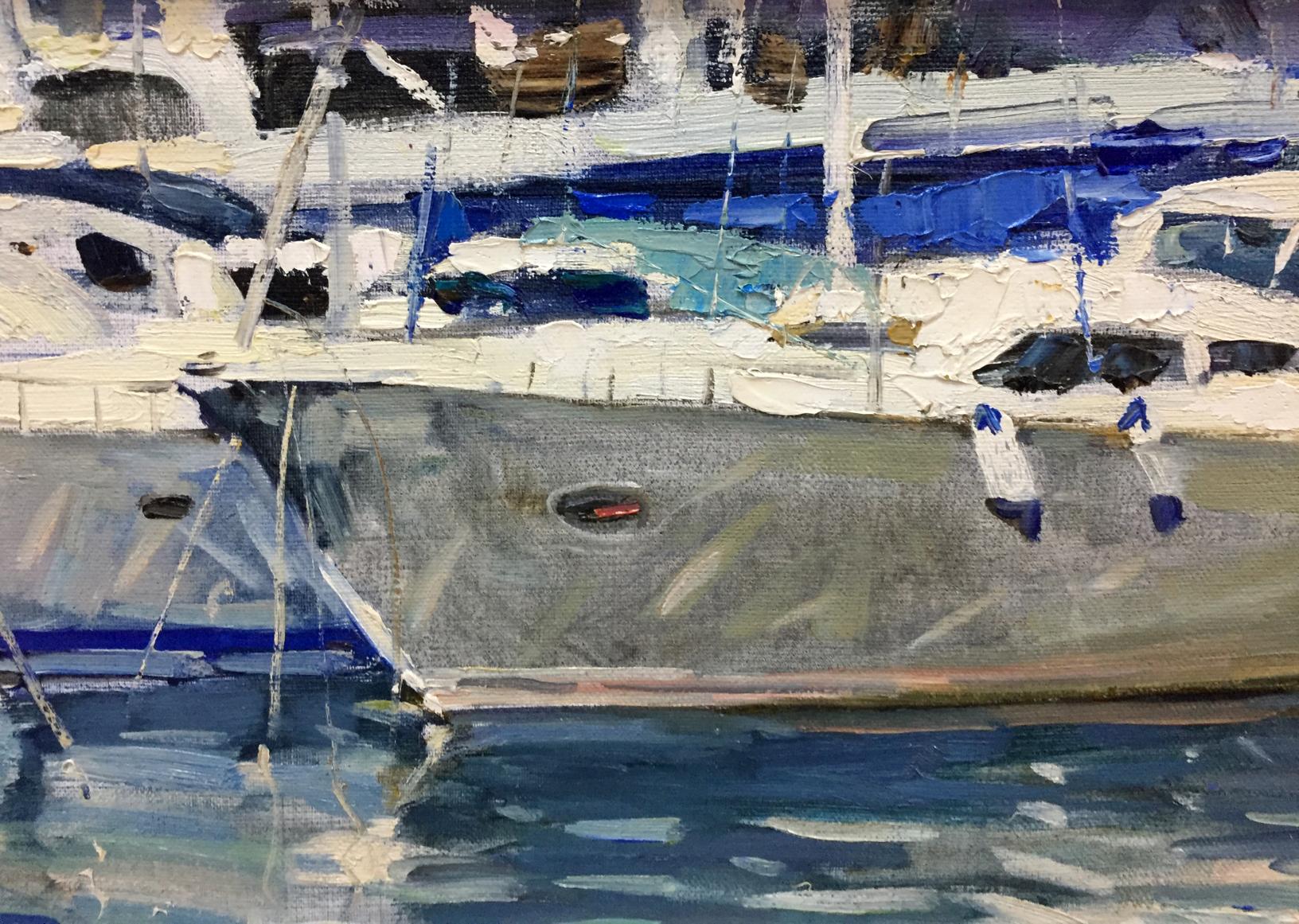 Textured oil painting of gray yacht with white accents by Irina Kalyuzhnaya