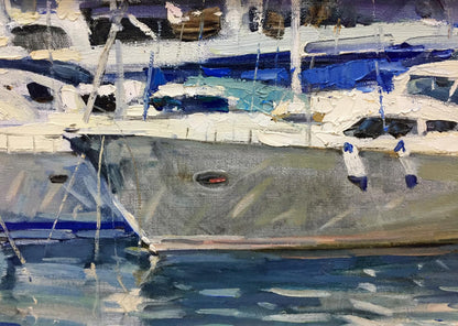Textured oil painting of gray yacht with white accents by Irina Kalyuzhnaya
