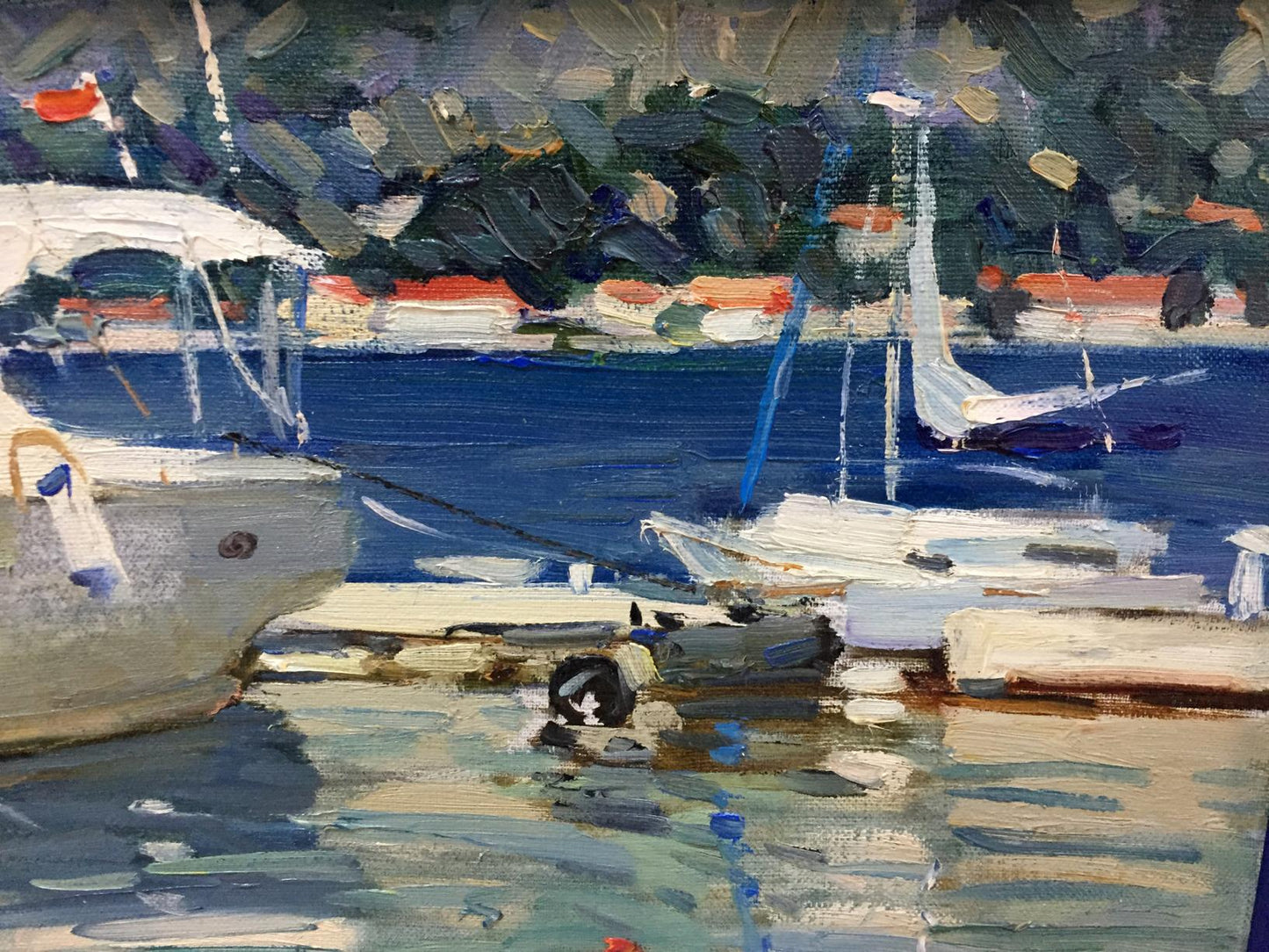 Oil painting of yacht and reflection in white by Irina Kalyuzhnaya
