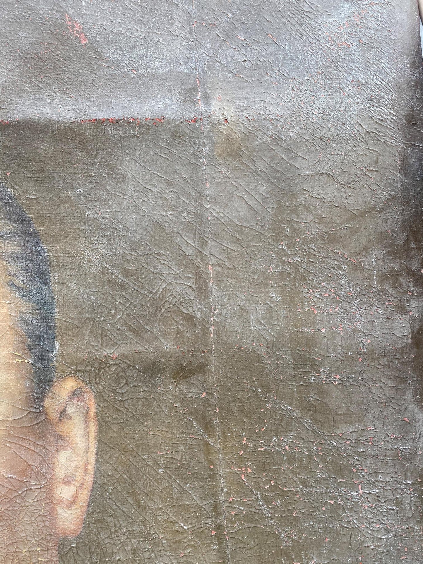Weathered gray canvas back with Brezhnev ear portrait, social realism oil painting