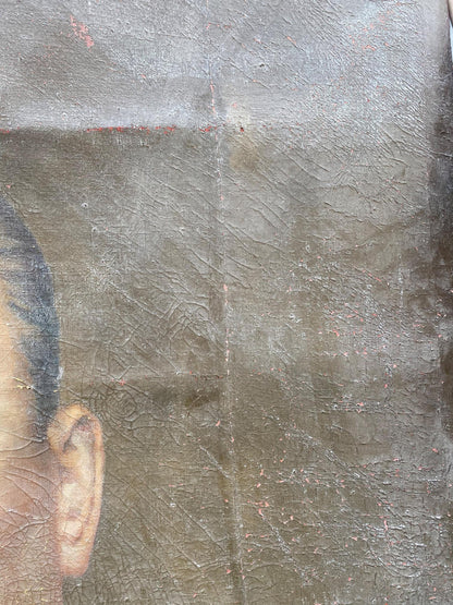 Weathered gray canvas back with Brezhnev ear portrait, social realism oil painting