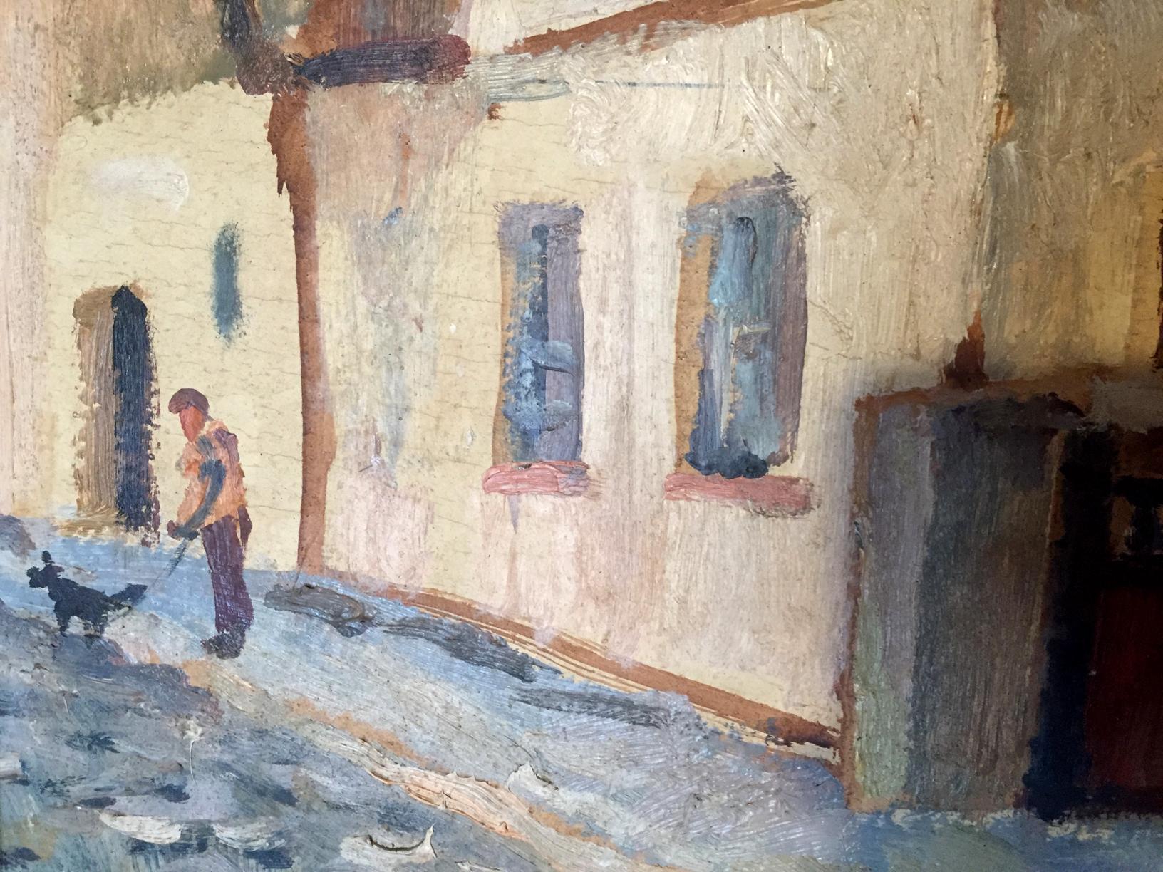 Oil painting of Ushinsky Lane by Strelnikov, man walking black dog on cobblestones