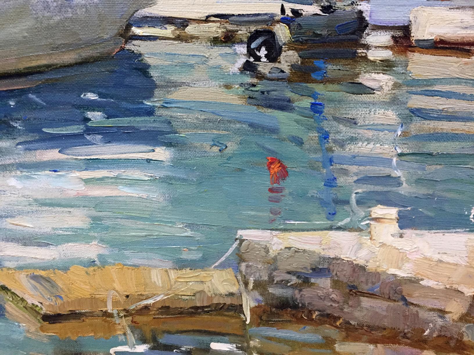 Vibrant red fish in yacht reflection oil painting by Irina Kalyuzhnaya