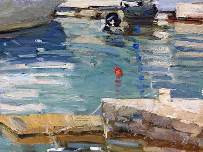 Vibrant red fish in yacht reflection oil painting by Irina Kalyuzhnaya