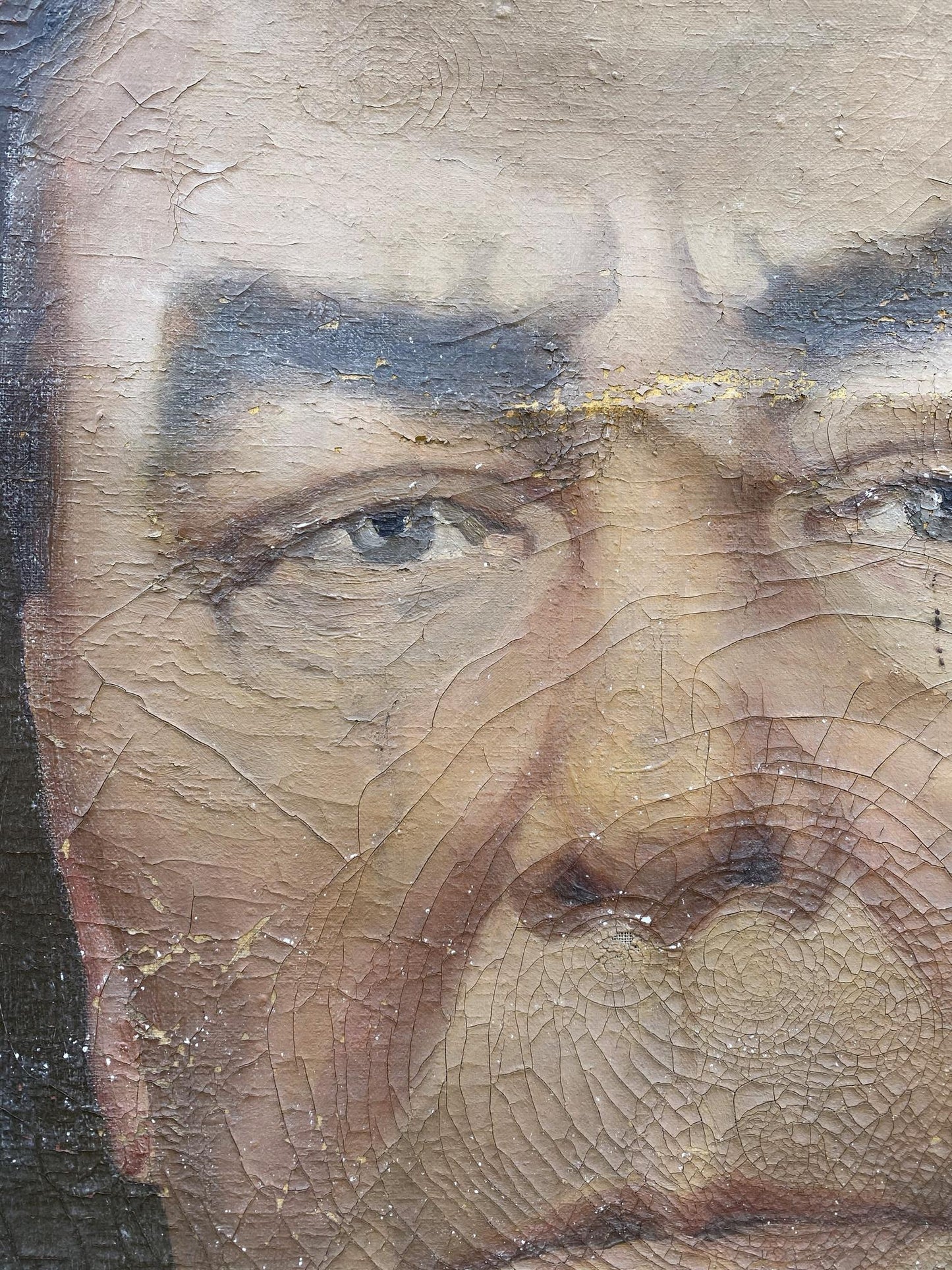 Weathered social realism oil portrait of Brezhnev, cracked aged paint