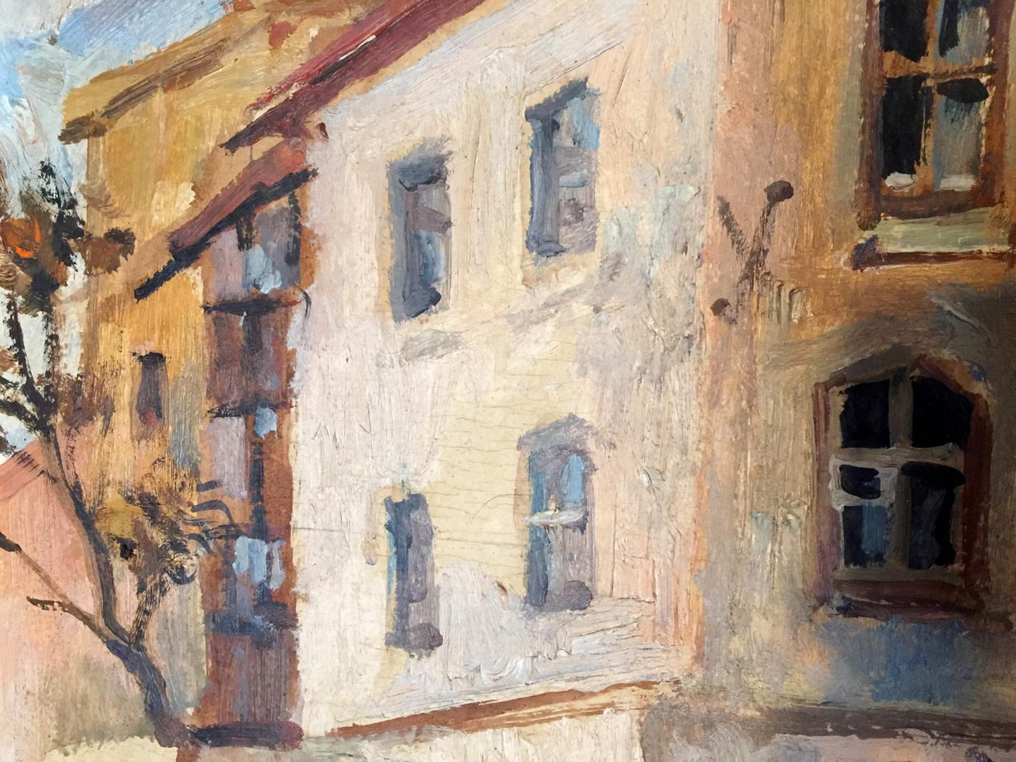 Oil painting of Ushinsky Lane by Strelnikov, textured ochre facade