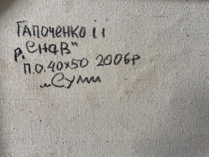Back of Oil painting River of Dreams by Gaponchenko Ivan Ivanovich, textured canvas with Cyrillic text