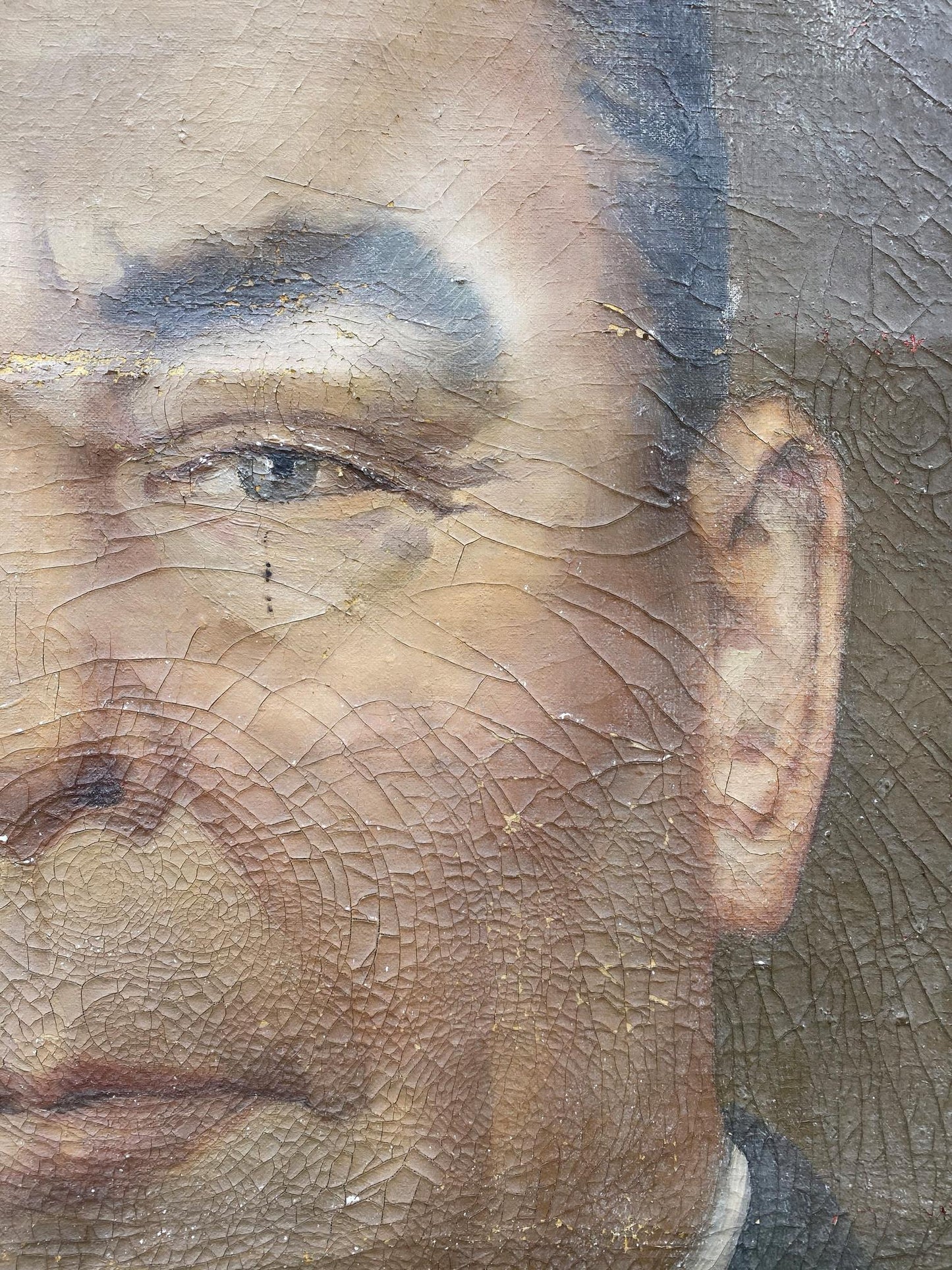 Weathered social realism oil portrait of Brezhnev, cracked aged paint