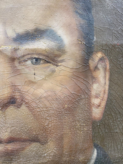 Weathered social realism oil portrait of Brezhnev, cracked aged paint