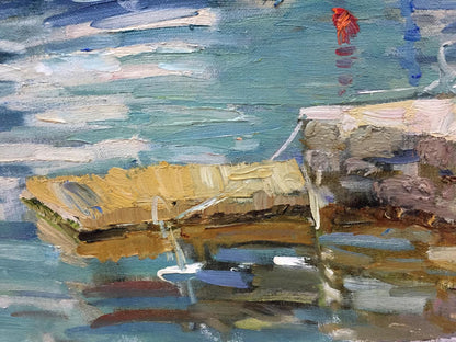 Oil painting of yacht and reflection by Irina Kalyuzhnaya