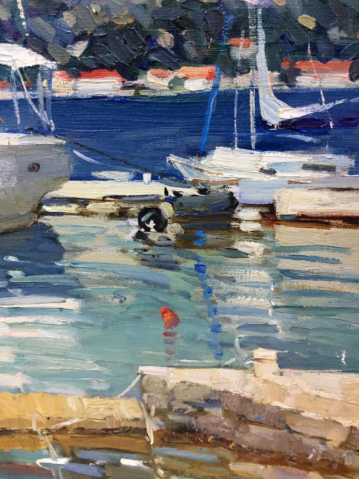 Vibrant impressionist oil painting of yacht and reflection by Irina Kalyuzhnaya