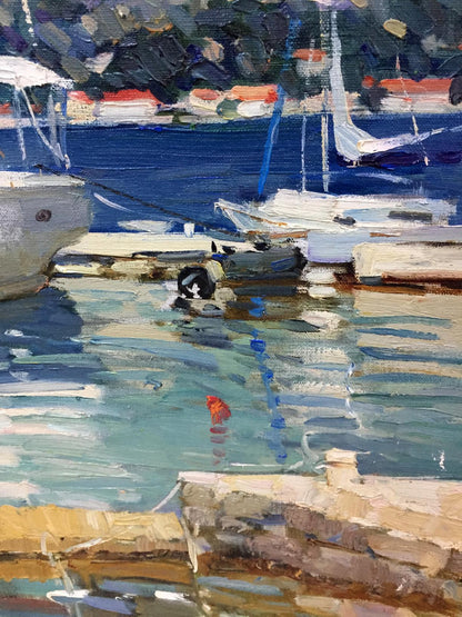 Vibrant impressionist oil painting of yacht and reflection by Irina Kalyuzhnaya