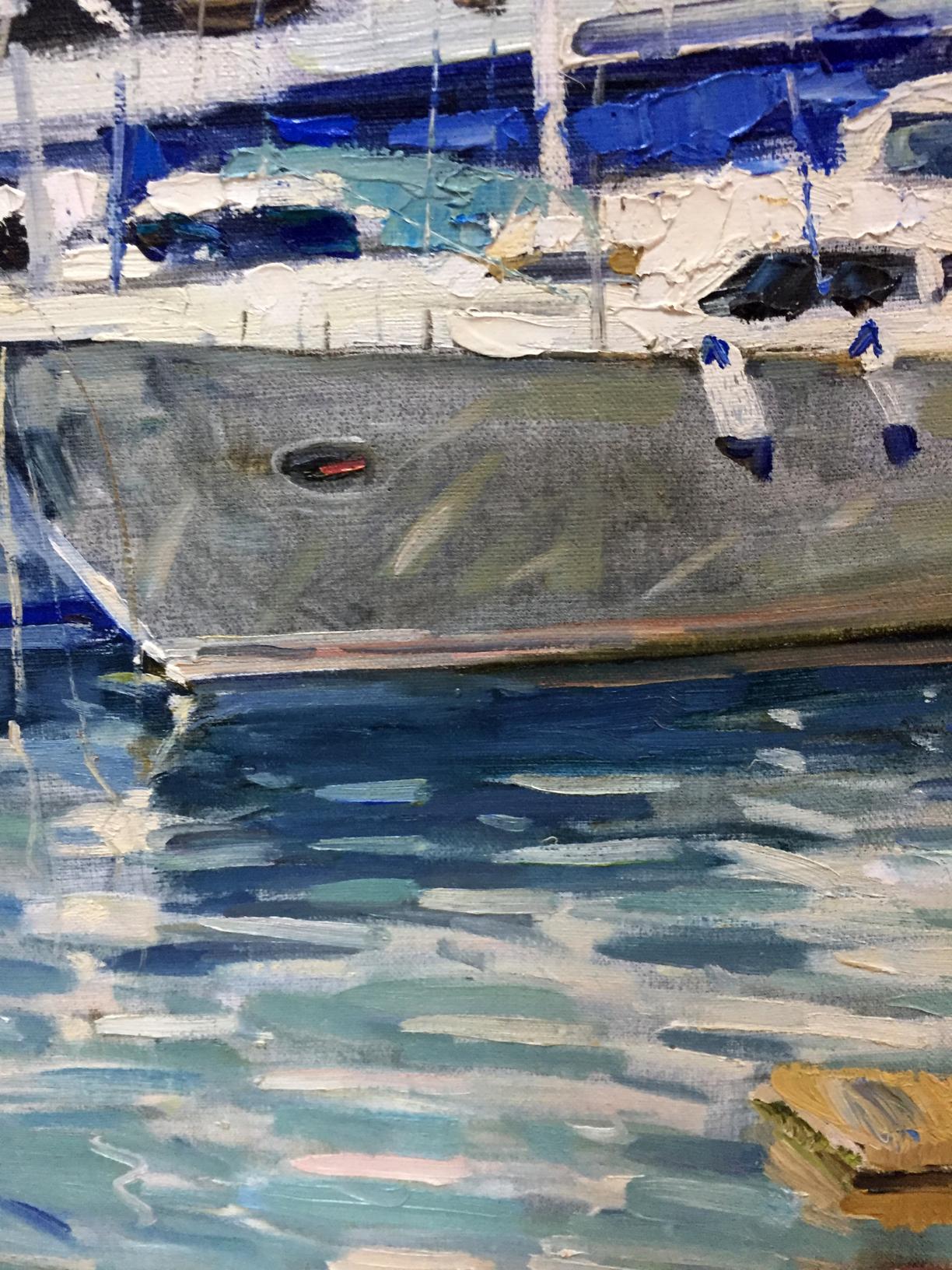 Textured oil painting of gray yacht with blue accents by Irina Kalyuzhnaya