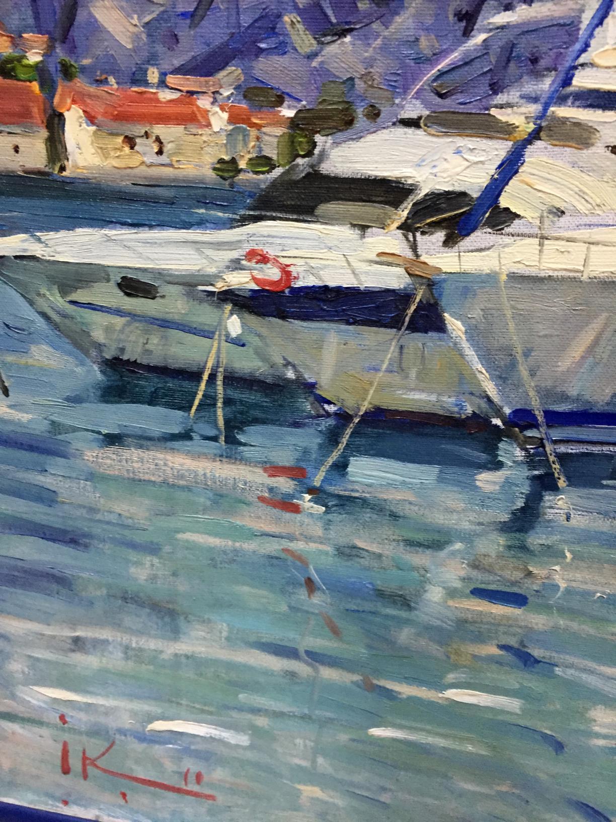 Oil painting of white sailboat with blue hull, red life preserver and reflection by Irina Kalyuzhnaya