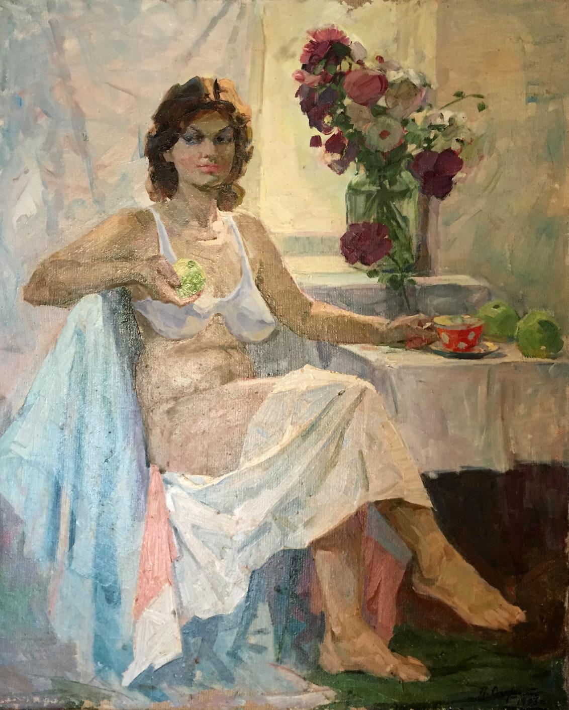 Oil painting by Saushkin Petr Kuzmich: woman in white bra holding apple