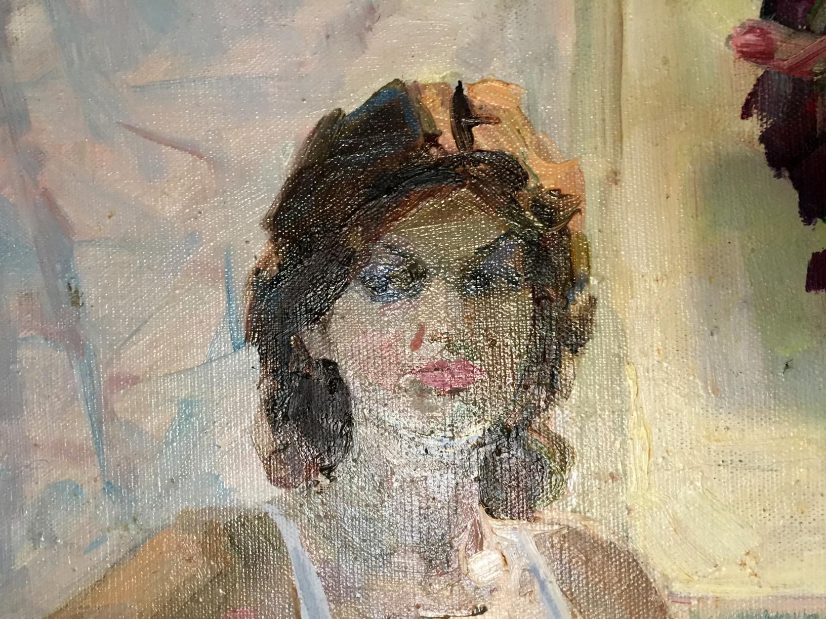 Textured oil painting portrait by Saushkin Petr Kuzmich of woman with dark wavy hair