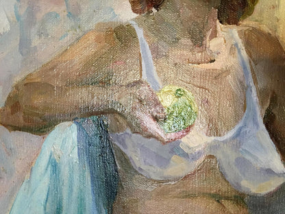 Oil painting by Saushkin Petr Kuzmich: woman in blue-white garment holds green fruit