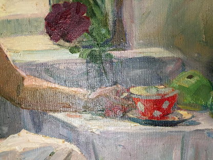 Oil painting by Saushkin Petr Kuzmich of red polka dot teacup on saucer