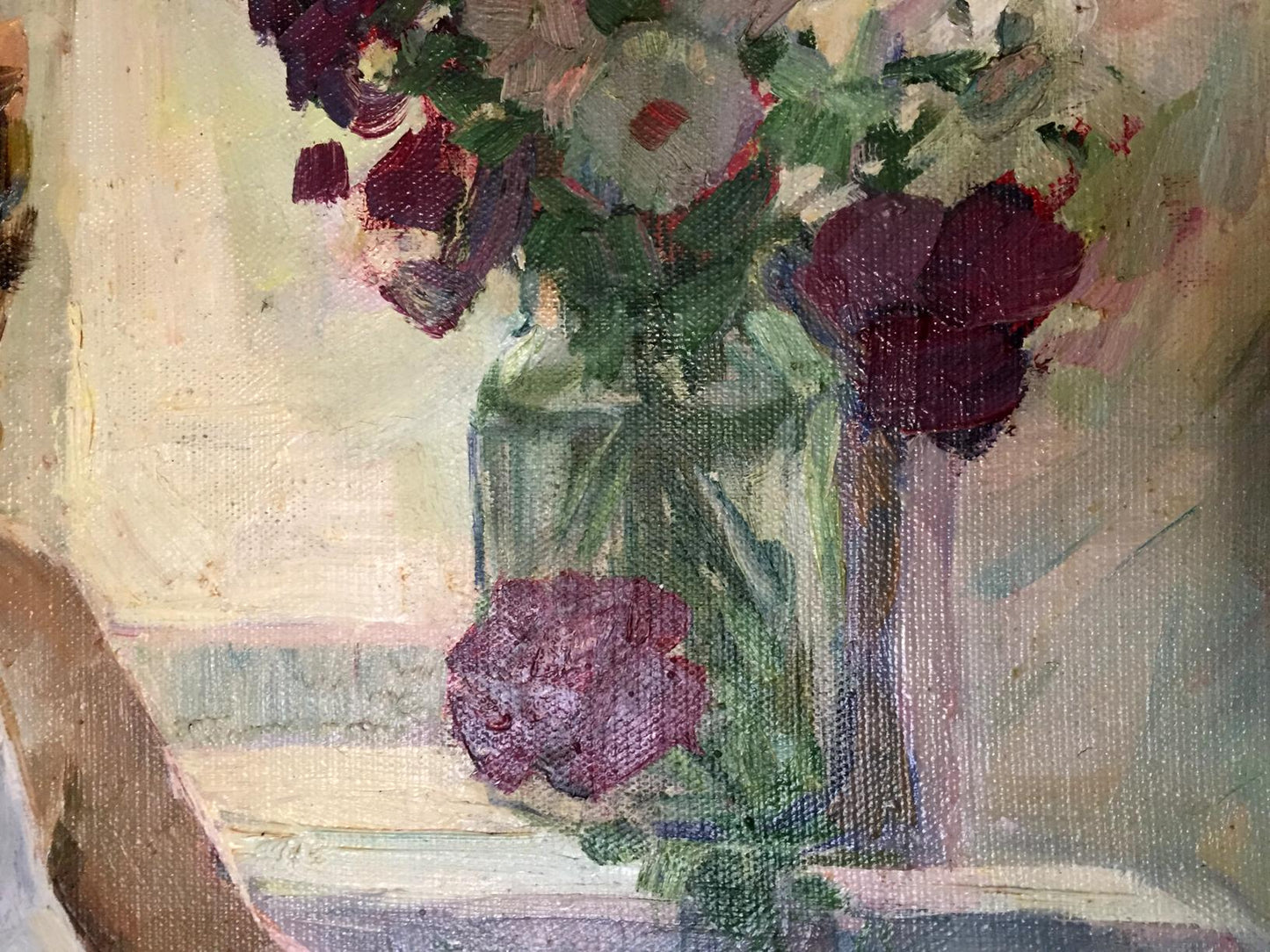 Oil painting by Saushkin Petr Kuzmich of painted glass vase with purple and white flowers
