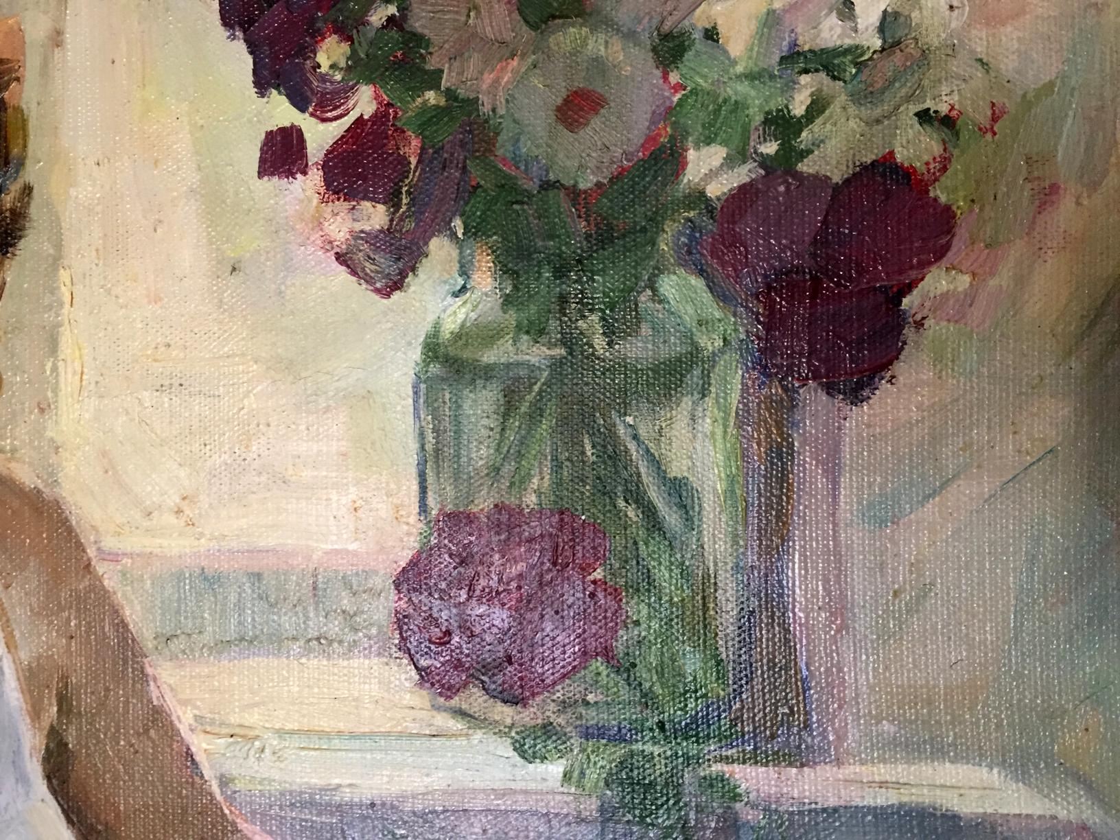 Oil painting by Saushkin Petr Kuzmich of painted glass vase with purple and white flowers