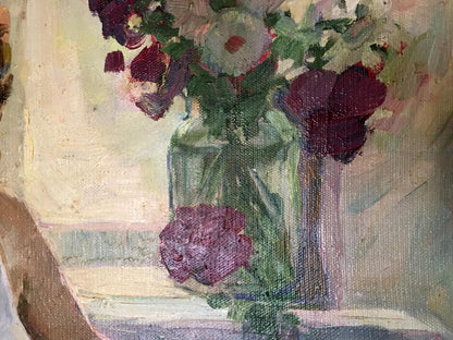 Oil painting by Saushkin Petr Kuzmich of painted glass vase with purple and white flowers
