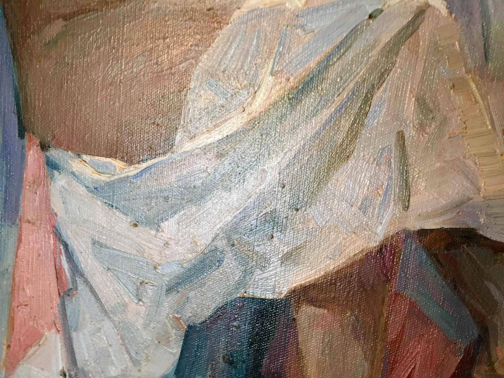 Oil painting Model Saushkin Petr Kuzmich with bold blue brushstrokes