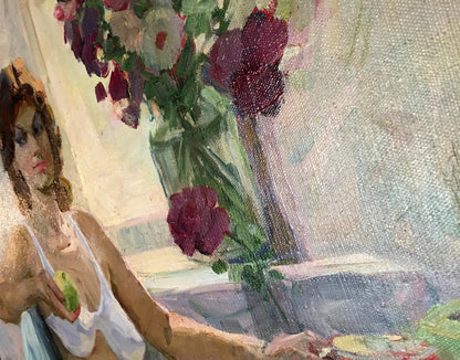Oil painting by Saushkin Petr Kuzmich: translucent green vase with purple pink flowers