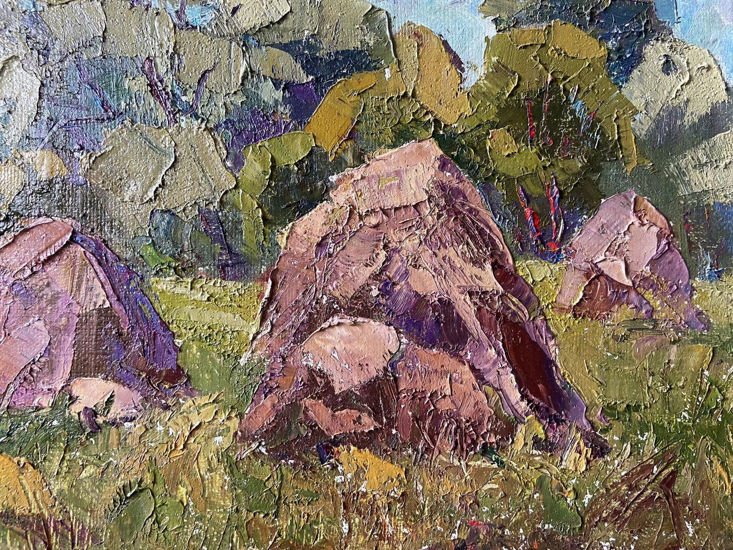 Textured impressionistic oil painting of rocky haystacks by Gaponchenko Ivan Ivanovich