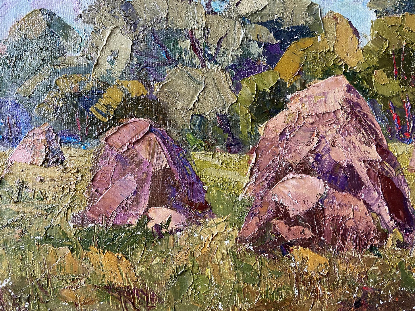 Oil painting of reddish-purple textured rock formations by Haystacks Gaponchenko Ivan Ivanovich