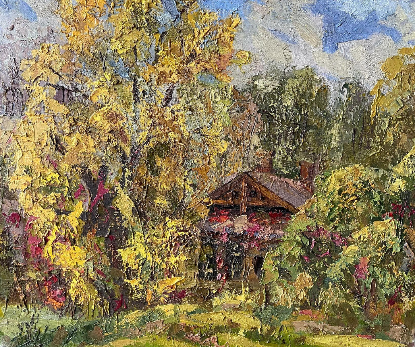 Oil painting Autumn in the village by Gaponchenko Ivan Ivanovich, rustic cabin amid golden autumn trees