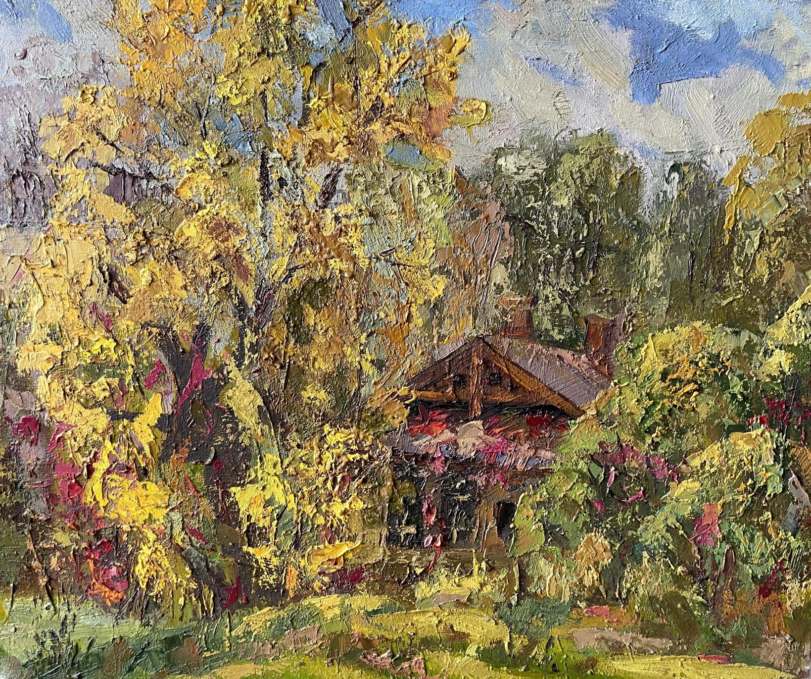 Oil painting Autumn in the village by Gaponchenko Ivan Ivanovich, rustic cabin amid golden autumn trees