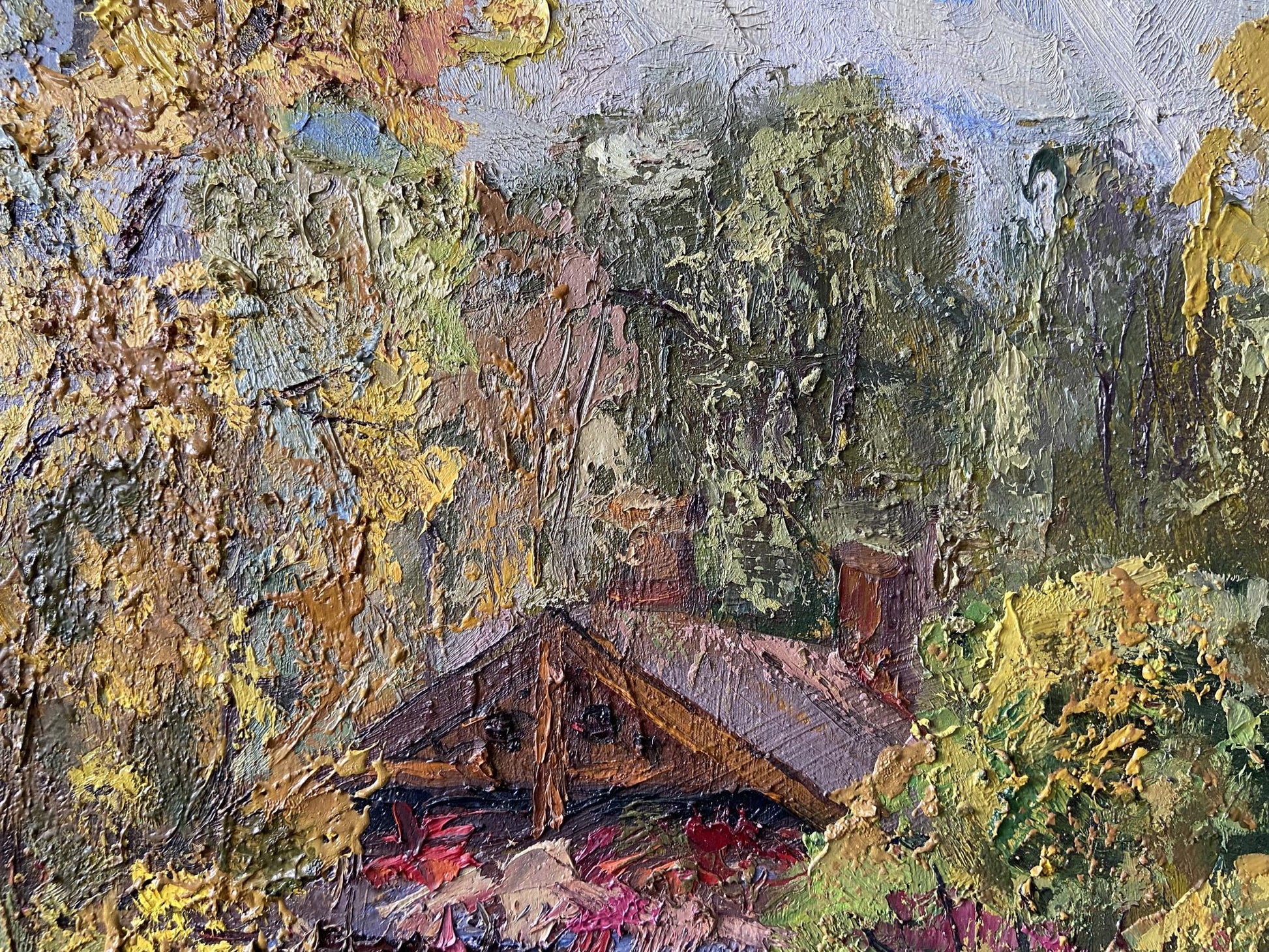 Oil painting of rustic wooden cabin in autumn foliage by Gaponchenko Ivan Ivanovich
